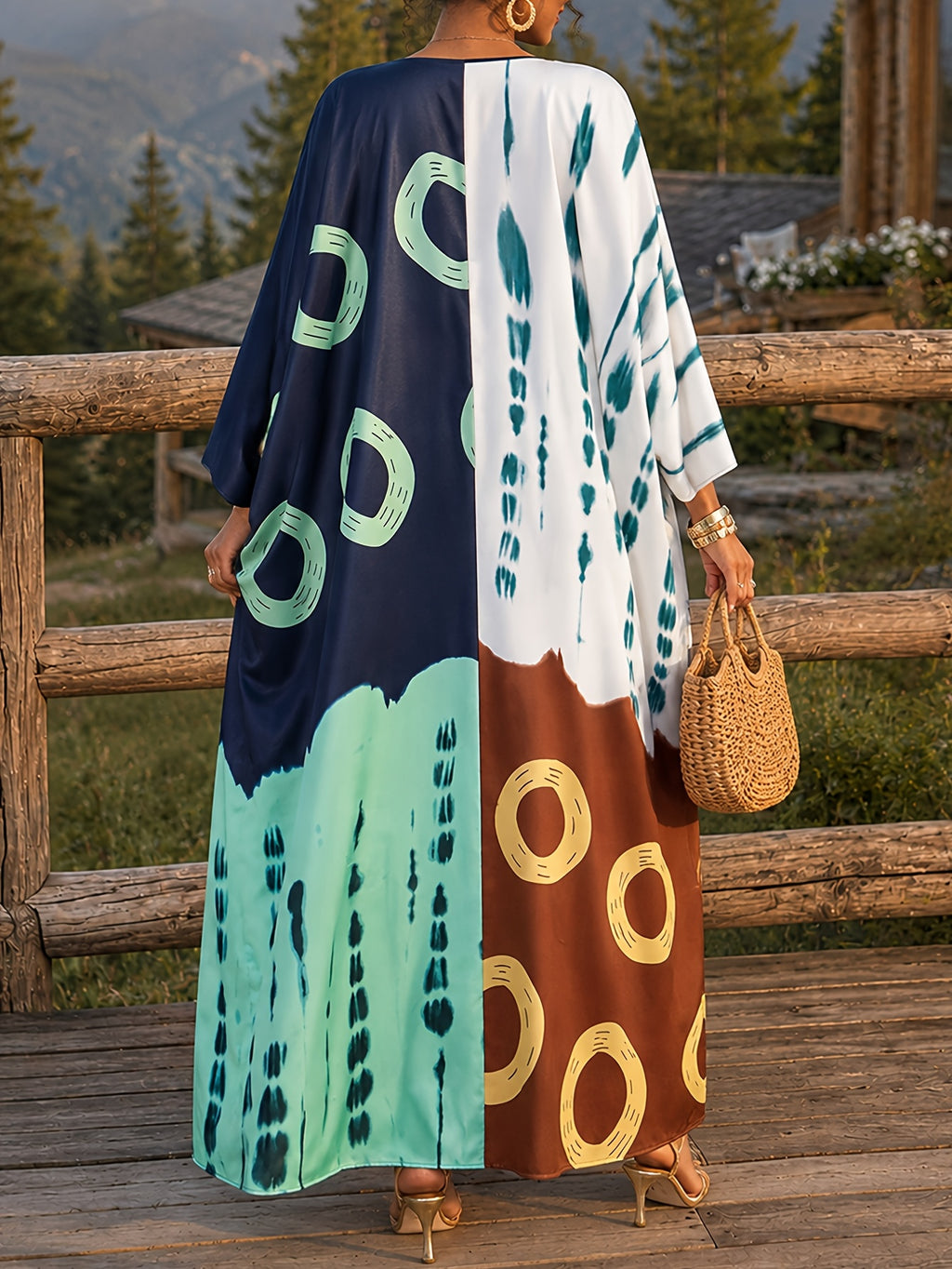 Plus Size - Vacation Style Color-Block Printed V-Neck Dress, Women'S Plus Size Loose Body-Covering Beach Maxi Skirt for Summer Outings - Polychrome