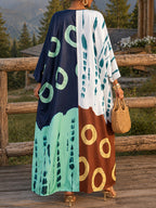Plus Size - Vacation Style Color-Block Printed V-Neck Dress, Women'S Plus Size Loose Body-Covering Beach Maxi Skirt for Summer Outings - Polychrome