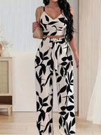 2-piece Women's Set with Thin Strap Stretch Camisole and Wide-leg Pants (front Tie) for Casual Vacation Wear - Mixed colors
