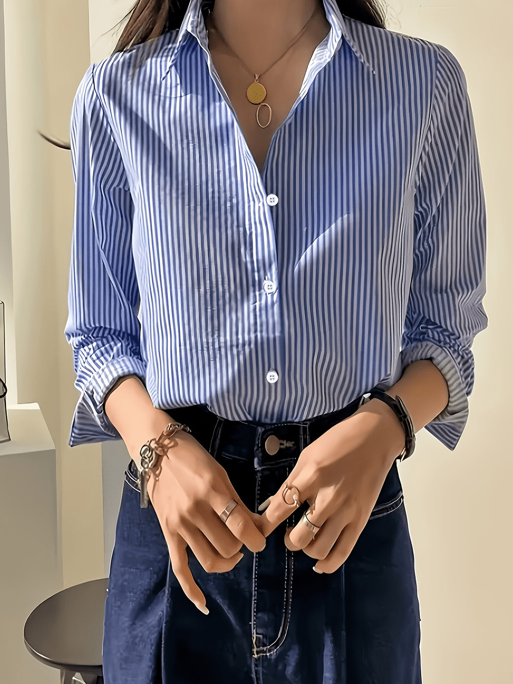 Women's Four-Season Striped Commuter Elegant Shirt - Bright Steel Blue