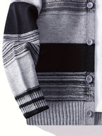 Men's New Autumn and Winter Single Breasted Round Neck Cardigan, Color Blocked Striped Cardigan, Fashionable and Versatile, Casual and Business Slim Fit, Long Sleeved, Skin Friendly, Comfortable and Warm, Youthful and Sporty Elastic Knitted Sweater - Grey