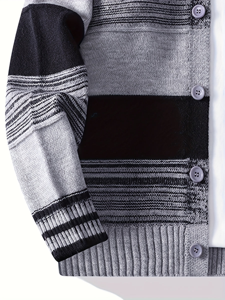 Men's New Autumn and Winter Single Breasted Round Neck Cardigan, Color Blocked Striped Cardigan, Fashionable and Versatile, Casual and Business Slim Fit, Long Sleeved, Skin Friendly, Comfortable and Warm, Youthful and Sporty Elastic Knitted Sweater - Grey
