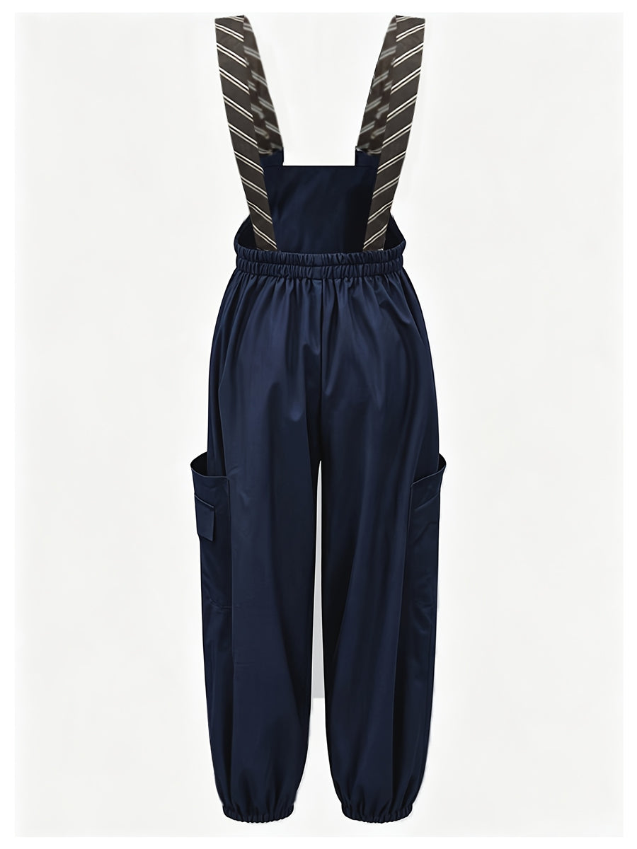 2026 New Women's Loose-Fit Buttoned Wide-Leg Pants, Stylish and Versatile Casual Jumpsuit, Casual Striped Overalls with Metal Adjustable Shoulder Straps, Suspender Overalls with Tie Accents, Wide-Leg Cargo Jumpsuit - Navy Color