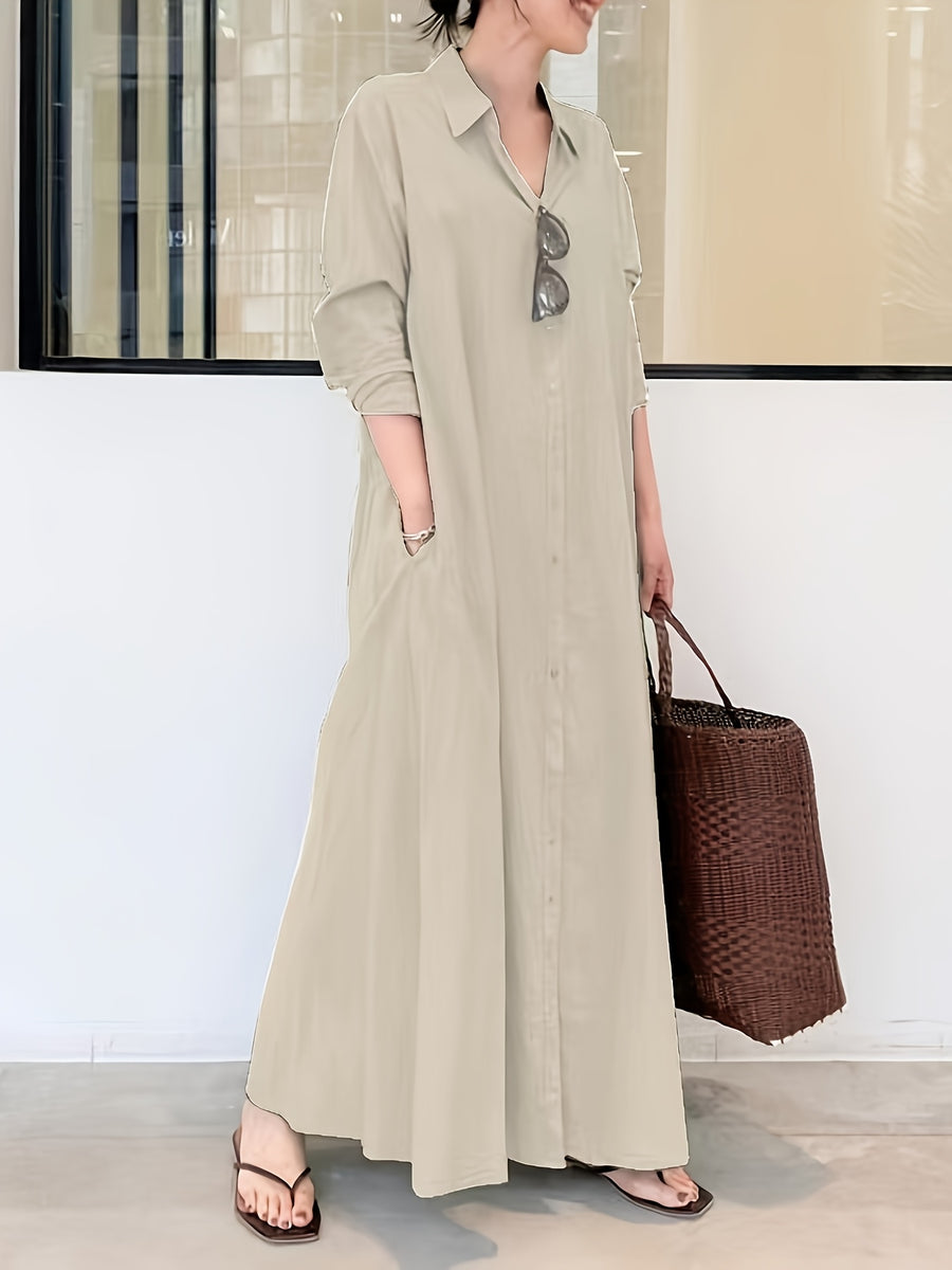 In Stock European And American New Solid Color Lapel Long Sleeve Pocket Easy Loose Casual Long Dress 1pc - Apricot