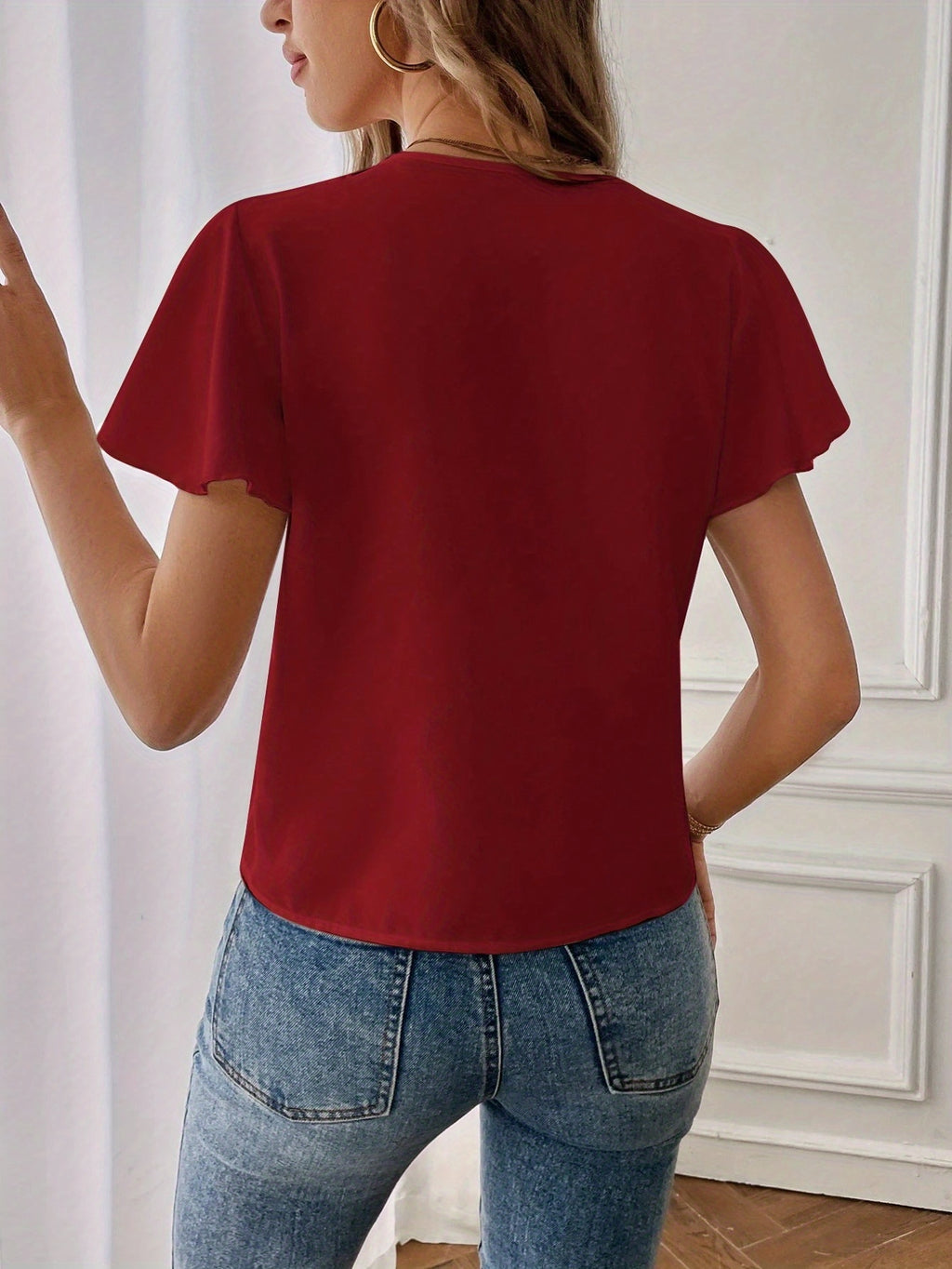 Women's Elegant V-Neck Ruffled Sleeve Blouse - Lightweight 100% Polyester Short Sleeve Shirt, Machine Washable Solid Color Top for Spring/Summer Casual & Formal Wear - Deep Red
