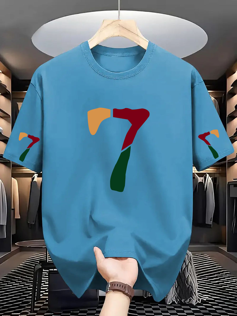 Men'S Casual Classic Sleeve Print T-Shirt with Text, Round Neck Comfortable Polyester Fabric, Stylish Streetwear for Daily Wear, Men'S Fashion - Peacock Blue