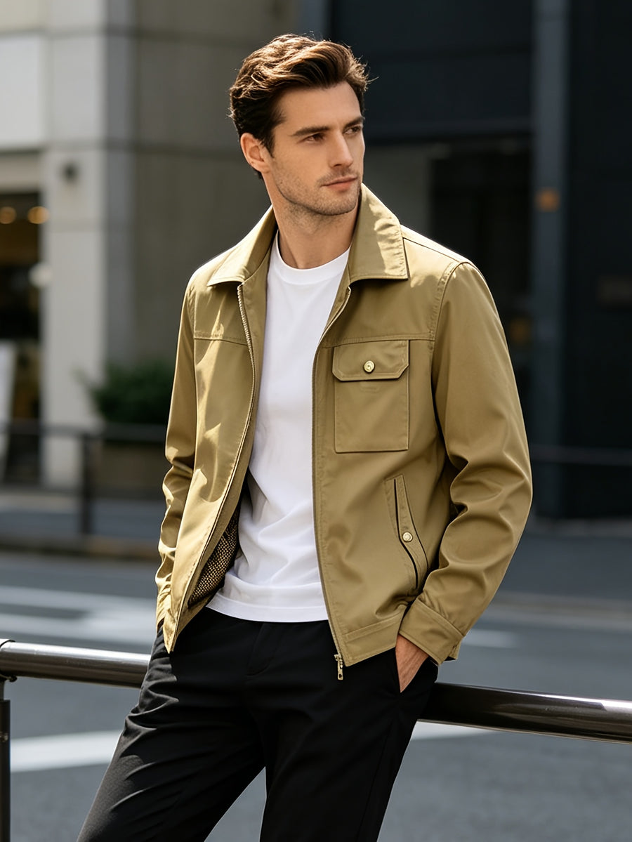 Men's Vintage Military Green Bomber Jacket with Lapel Collar & Zipper Closure - Loose Fit Multi-Pocket Coat Suitable for Spring/Autumn, Casual Streetwear Outerwear, Hand Washable Retro Blazer - Khaki