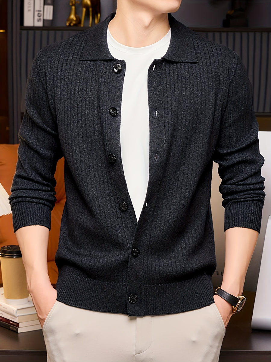 [Starry Prosperity] Autumn Winter Men'S Knit Solid Color Ribbed Open Cardigan Long Sleeve Casual Vertical Striped Lapel Sweater Jacket - Black Gray