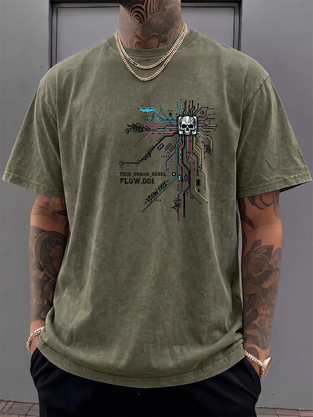 Men's Short-Sleeve T-Shirt, Pure Cotton, Loose Fit, Washed Distressed Circuit Board Skull Graffiti Print, Trendy Reversible Double-Sided Print, 12 Colors for  Mix & Match, American Streetwear High Street Hip-Hop Top, for Daily Outings - Olive Green