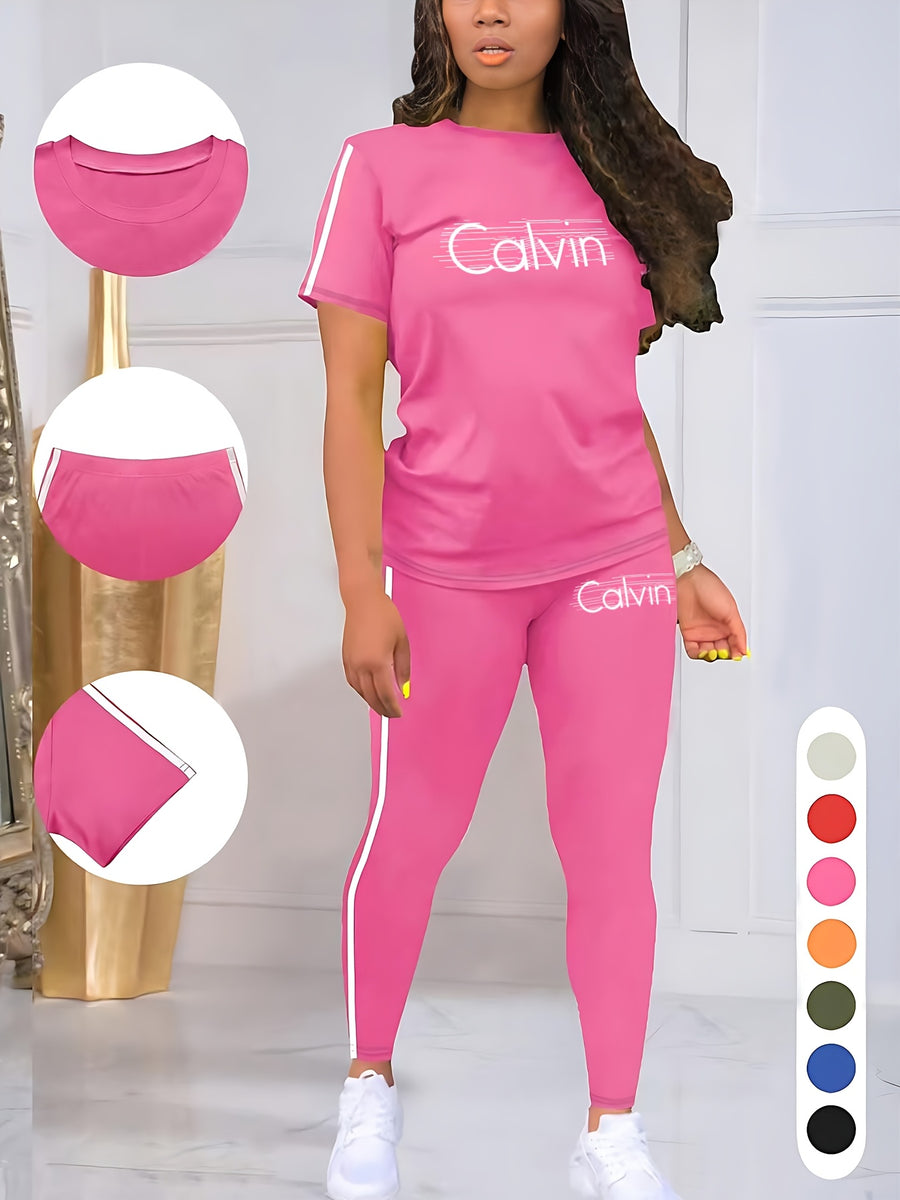 Women'S Casual Two-Piece Set with Round Neck And Short Sleeves Featuring Printed Letters - Pink