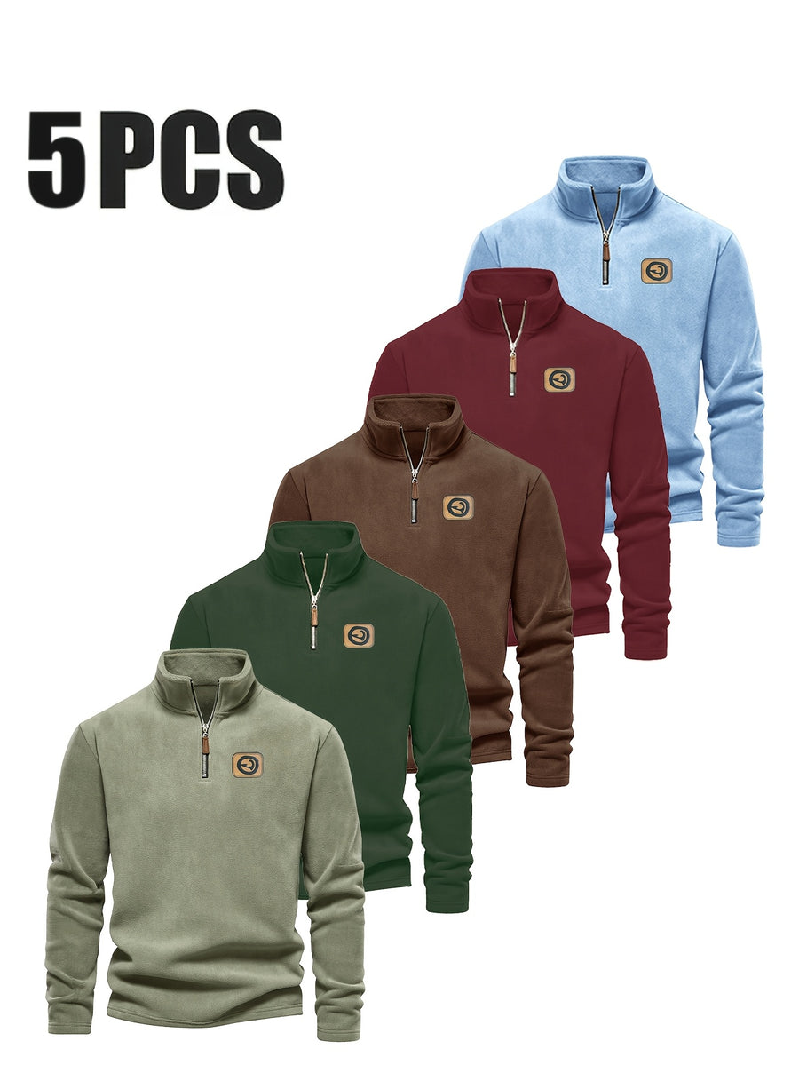 Men's Half-Zip Pullover Top, 5pcs, Soft and Skin-Friendly, Versatile for Daily Casual and Sportswear - Mint Green + Dark Green + Sky Blue + Dark Red + Reddish Brown