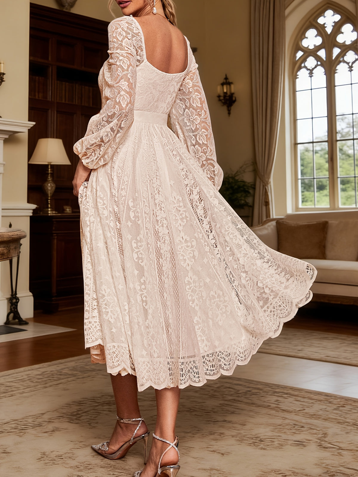 Wedding Guest Dress Long Sleeve Lace Gown Bridesmaid Dress Button Square Neck Elegant Fashionable Soft Dress Romantic Evening Dress - Apricot