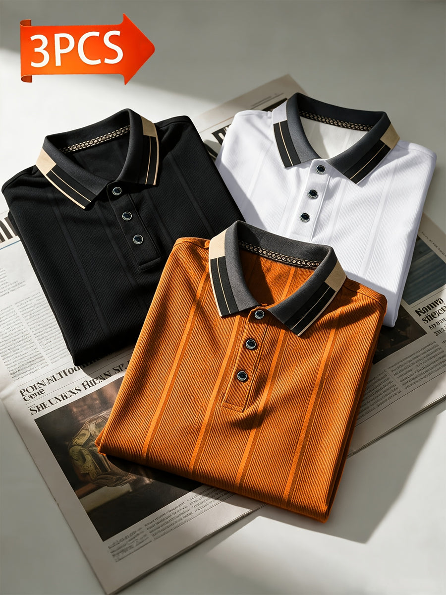 [Pearson OBM] Men'S Textured Jacquard Fabric Fashion Short Sleeve T-Shirt 3pcs Set, Suitable for Daily Casual Outings And Work Wear, Ideal Men'S Holiday Gift - Black+white+caramel