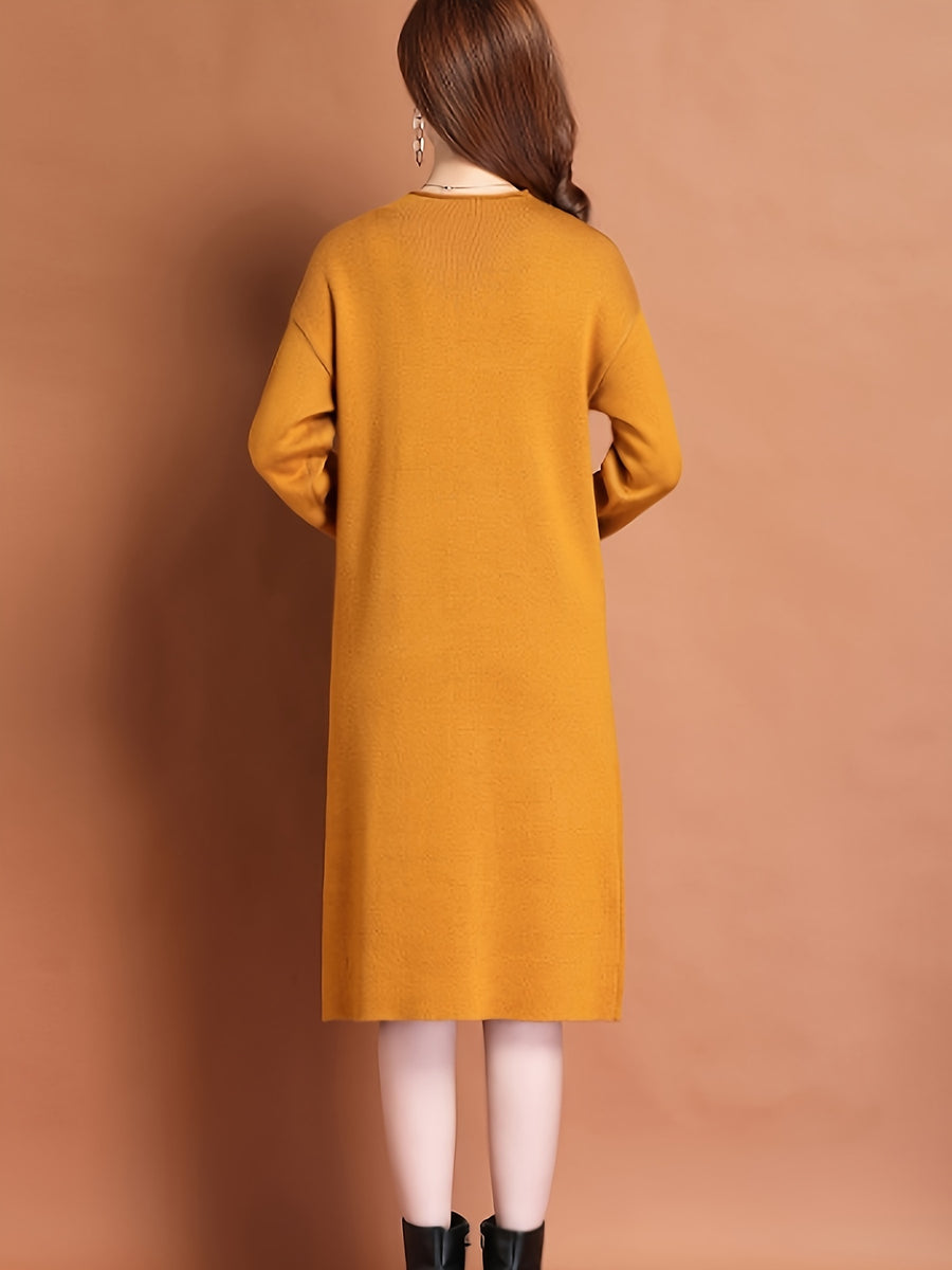 Autumn And Winter Women'S Dress Winter New Style Dress High-End Mid-Length Pullover Sweater Dress - Yellow