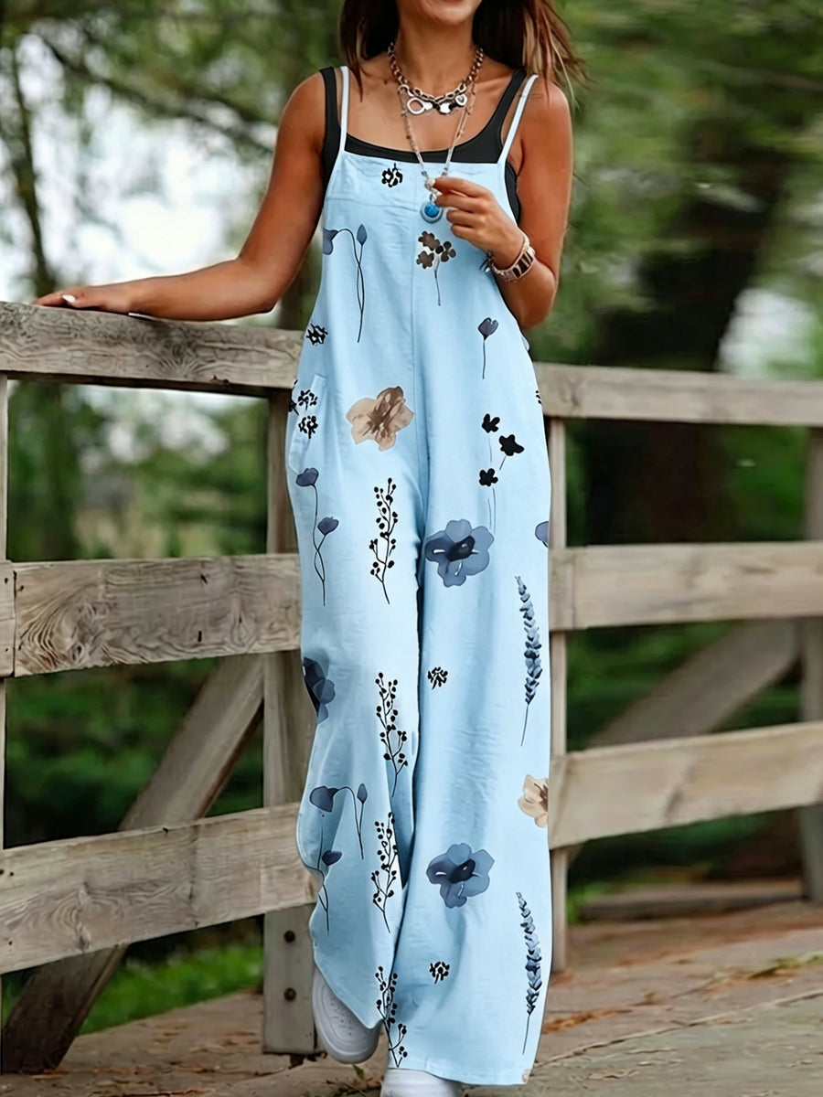 Ink Wash Floral Summer Loose Fit Wide-Leg Long Pants, Artistic Casual Versatile Women's Jumpsuit E0213 - Sky Blue