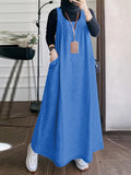 [Printed Dress - Not Faux Denim Fabric]Women'S Elegant Fashion Faux Denim Fabric Pocket Design Vest Sleeveless Long Loose Dress for Going Out, Dating, Commuting, And Versatile Dress - Sea Blue