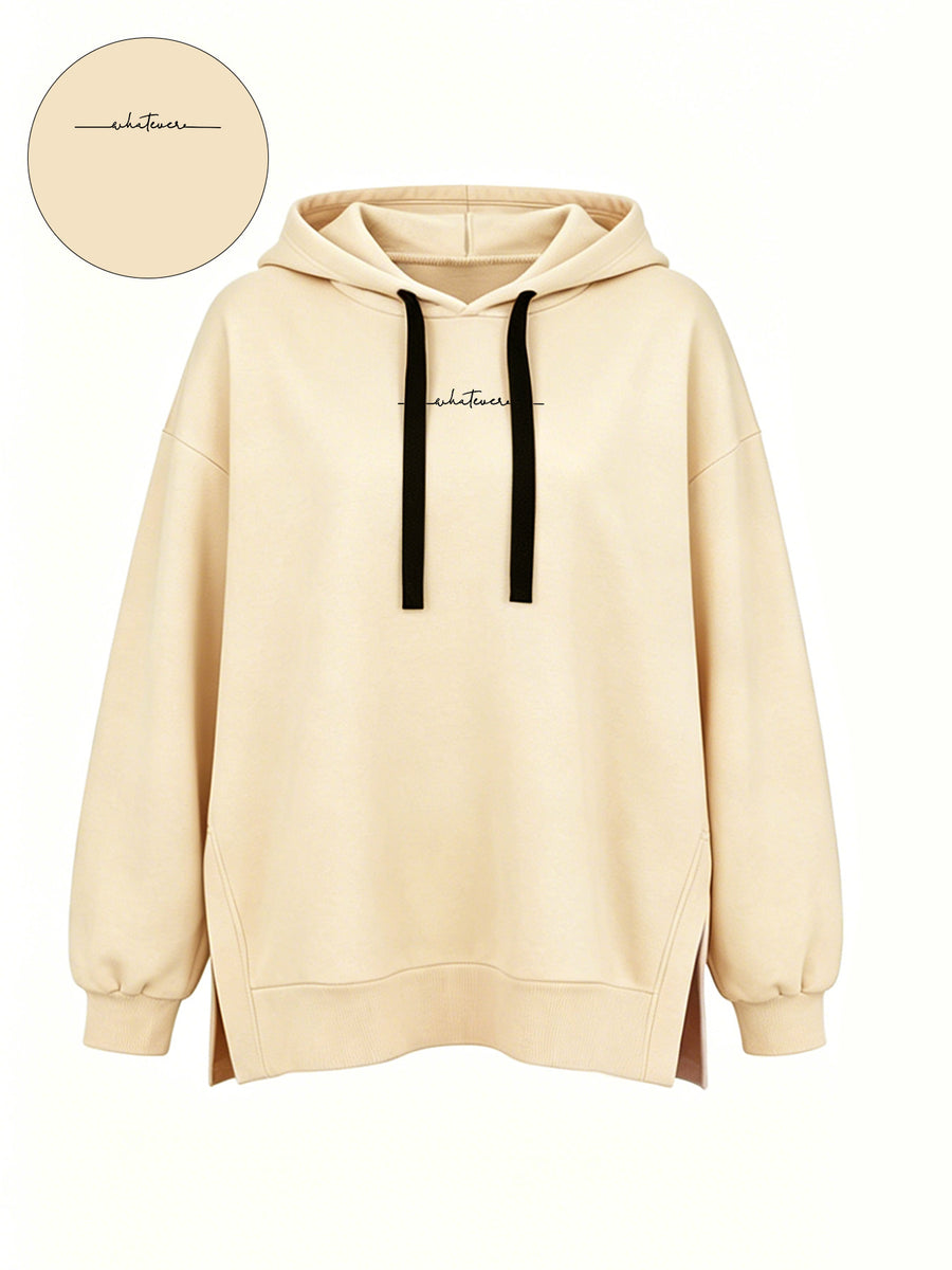 Women'S Fashion Hooded Sweatshirt for Autumn And Winter - Pattern Print Design, Side Slit Detail, Pullover Hoodie - Apricot