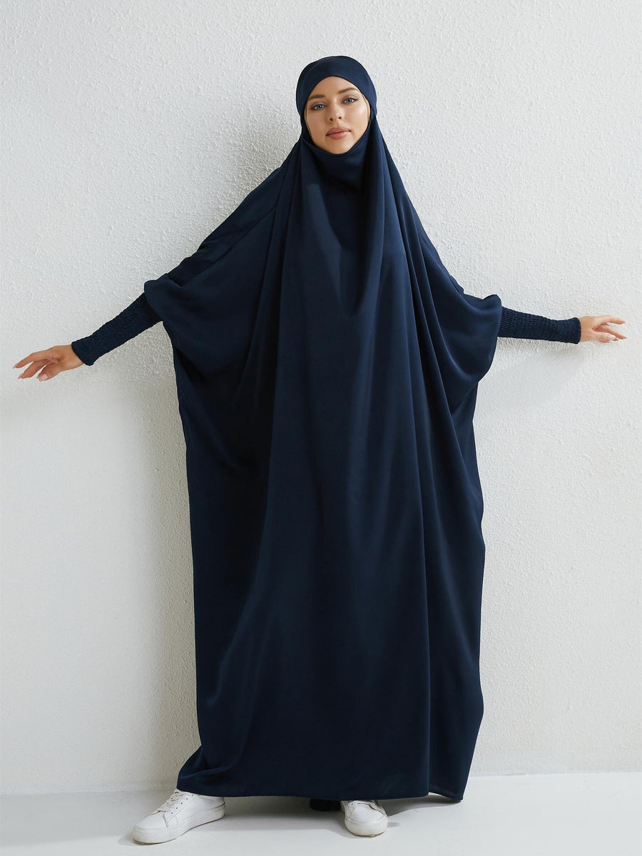 Islamic Attire for Women Featuring a Hooded Jilbab with Smocking Sleeves, Designed for Prayer, Suitable for Modesty in Dubai And Saudi Arabia, Available in Black - Navy Color