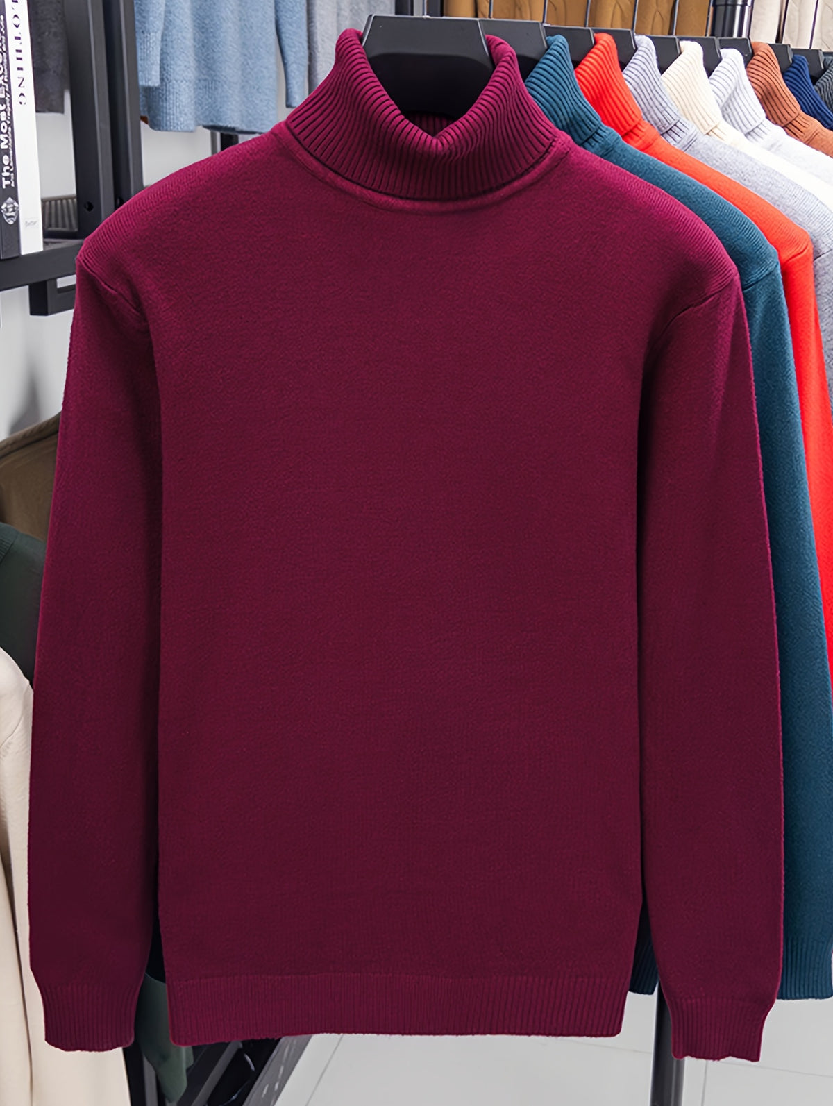 Men'S Autumn Winter Turtleneck Sweater, 10 Colors Available Solid Basic Style Elastic Warm Ribbed Cuff Casual Slim Fit Base Layer Pullover, Knit - Burgundy
