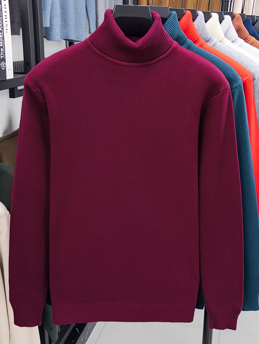 Men'S Autumn Winter Turtleneck Sweater, 10 Colors Available Solid Basic Style Elastic Warm Ribbed Cuff Casual Slim Fit Base Layer Pullover, Knit - Burgundy