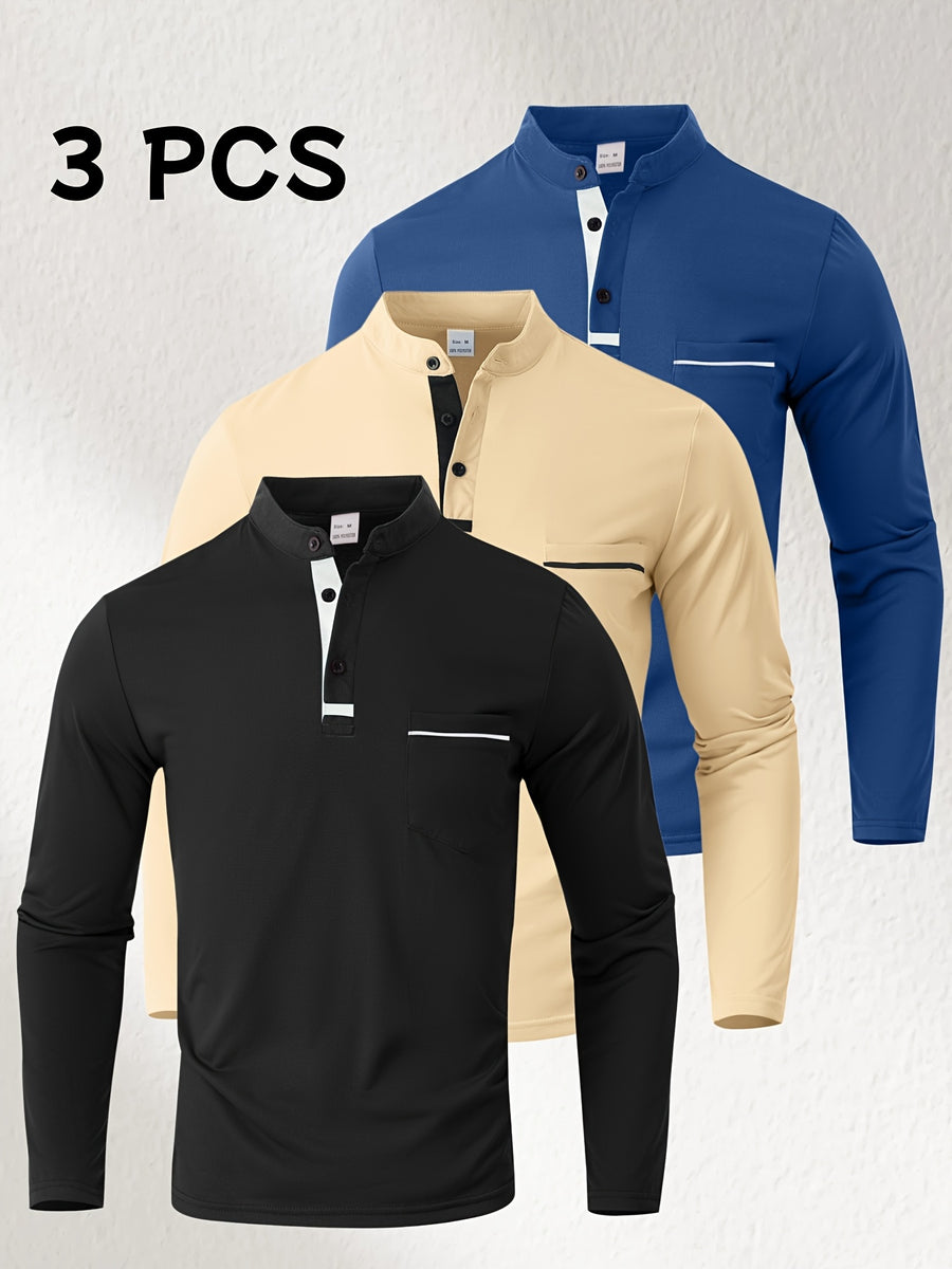 [Josh May OBM] 3pcs Men'S Long Sleeve Henley Shirts, Skin-Friendly Comfortable Fabric, Natural Elasticity Wearing Experience, Slim Casual Fit, Stand Collar Button-Up Design, Contrast Color Patchwork Detail, Chest Pocket Decoration - Black + Light Khaki + Navy Blue