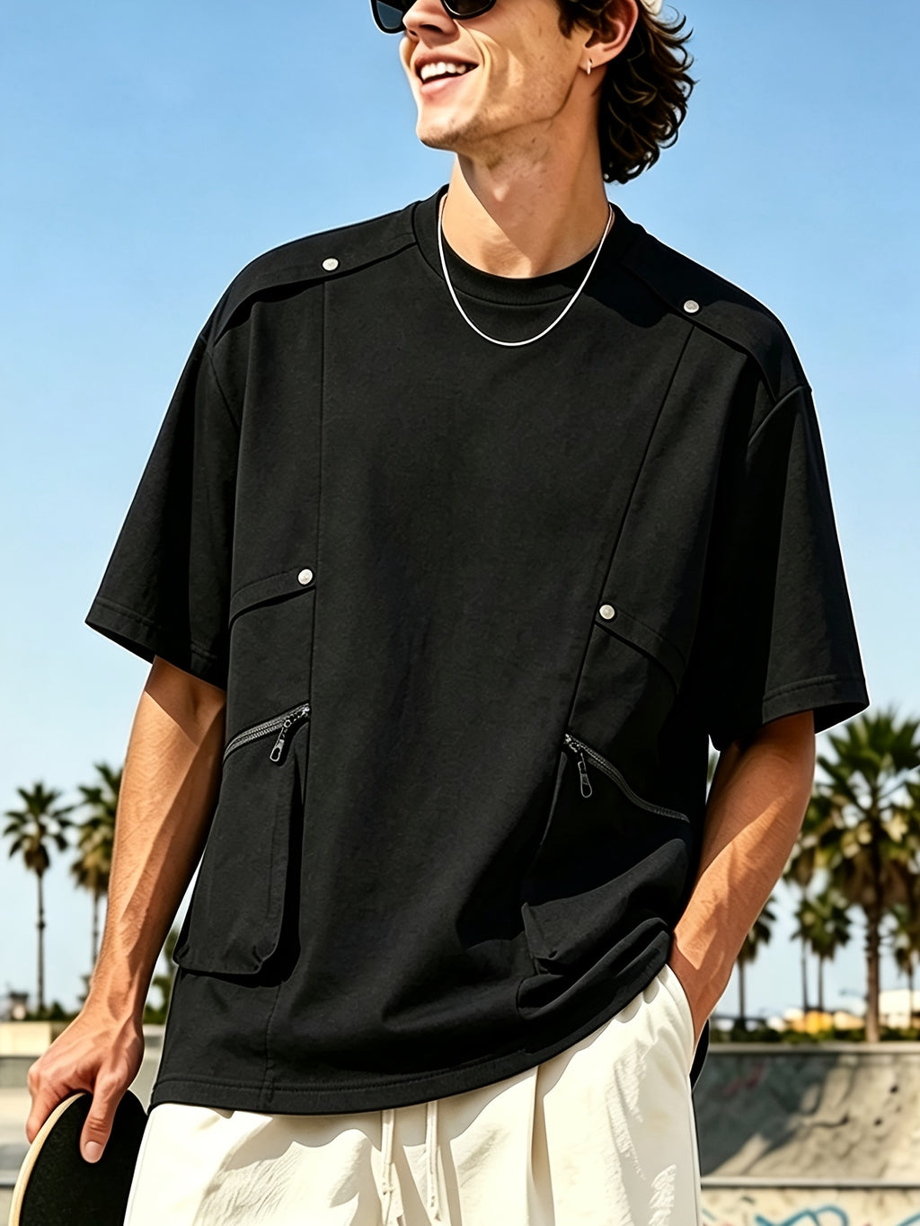 [Qiaoximei OBM] 2026 Summer New Men'S High-Quality Multi-Pocket Versatile Round Neck Short T-Shirt - Fashionable Street Beach Party Energetic Sports Men'S Trendy Loose Special Short Sleeve T-Shirt - Black