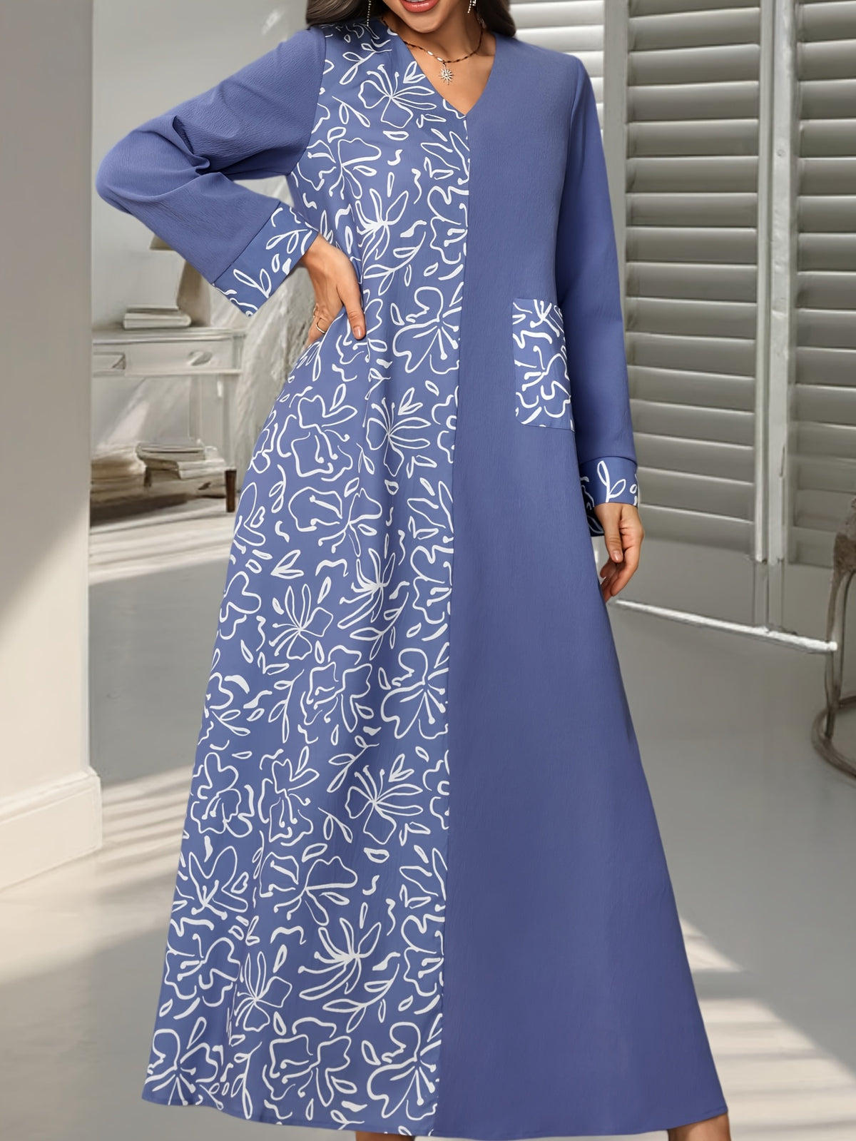 2026 Spring New Arrival Women's Long Sleeve Patchwork Maxi Dress with Pockets, Elegant Lady's Positioning Print Loose Long Dress Gown - Blue