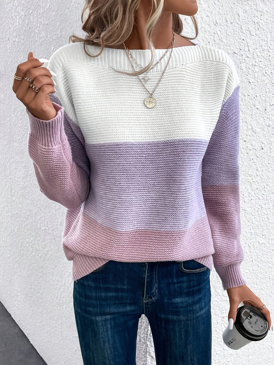 Newly Popular Color-Blocked Drop-Shoulder Sweater - Light Purple