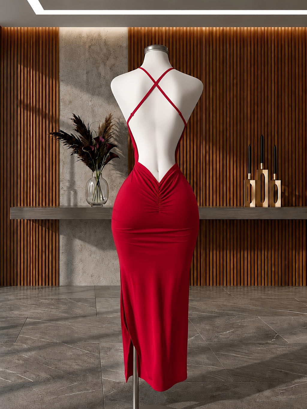 Y2K Women'S Elegant Versatile Solid Color Cami Backless Long Dress, Back Ruched Fitted Bodycon Dress, Suitable for Socialite Temperament Evening Parties - Red