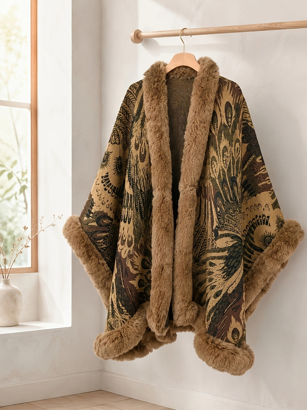 Women's Faux Trim Cape Shawl, Pea Rooster Pattern Acrylic Poncho Wrap, Open Front Sleeveless Fall Winter Outerwear - Camel