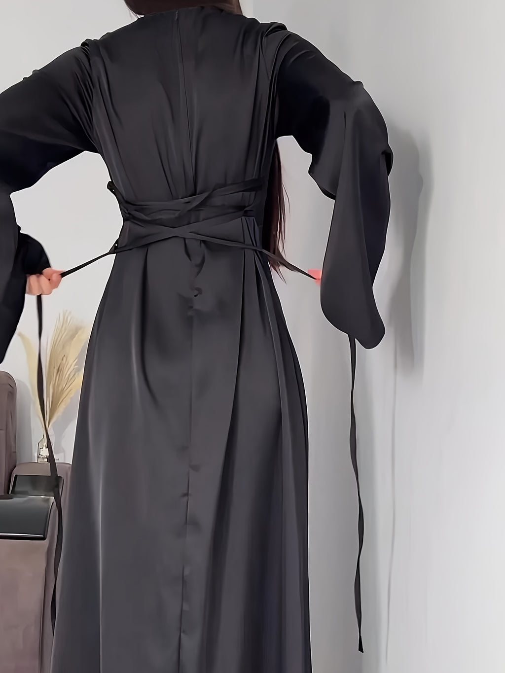 Women'S Elegant Temperament Long Back-Tie Long Sleeve Dress - Black