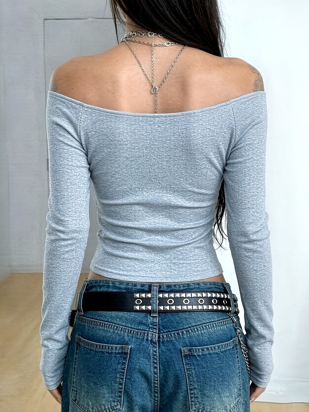 Women's Winter Street Style Y2K European and American Sexy Slim-Fit Off-Shoulder One-Shoulder Ribbed Long-Sleeve T-Shirt Top - Grey