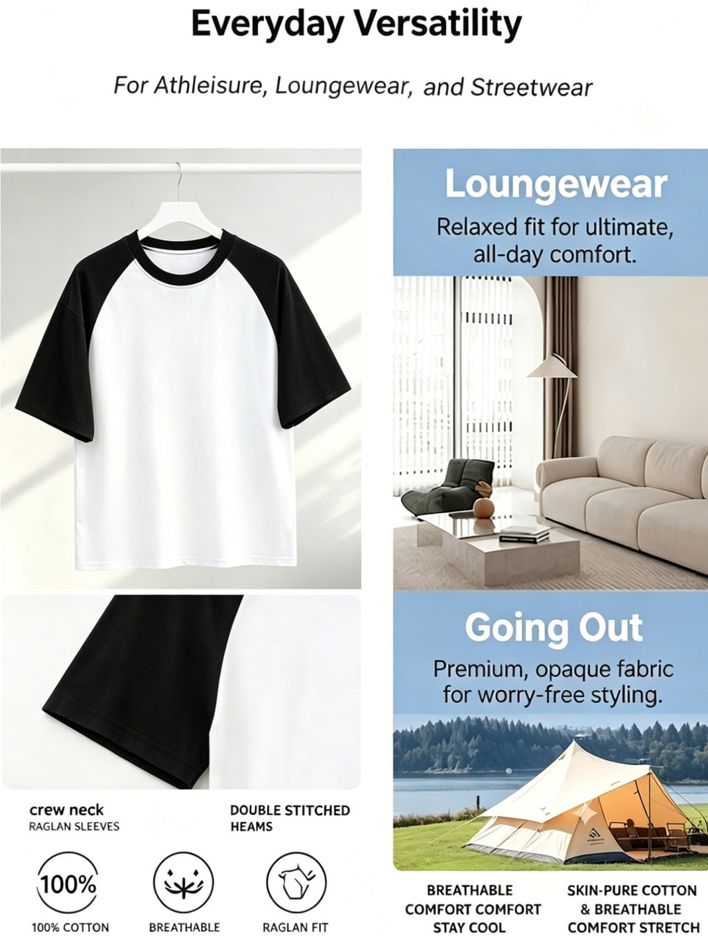 Men's Crew Neck Black and White Color Block Raglan Short Sleeve Top, Soft, Skin-Friendly, Breathable Basic T-Shirt, Suitable for All Seasons, Versatile for Commuting and Outings, Men's Apparel - White