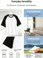 Men's Crew Neck Black and White Color Block Raglan Short Sleeve Top, Soft, Skin-Friendly, Breathable Basic T-Shirt, Suitable for All Seasons, Versatile for Commuting and Outings, Men's Apparel - White