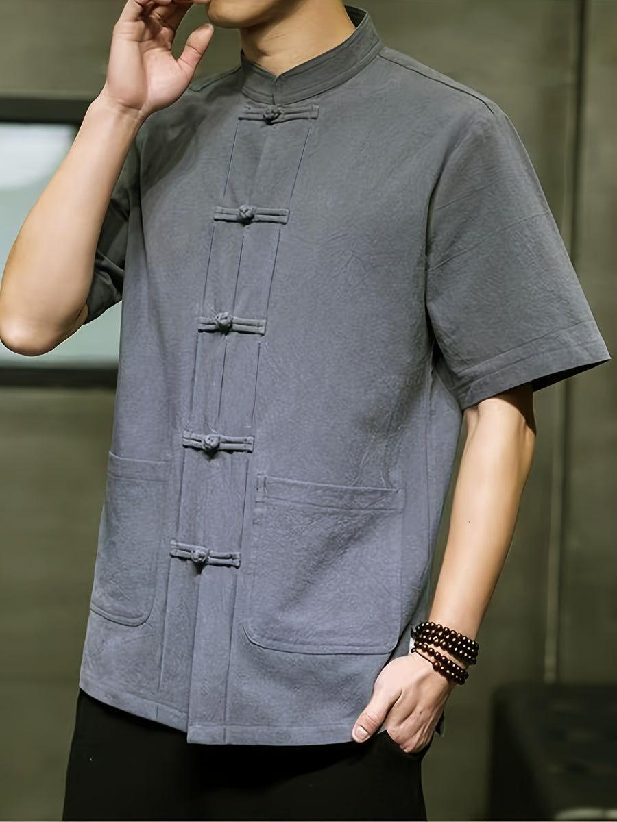 New Men's Short-sleeved Casual Shirt, Comfortable Pure Cotton, Chinese Knot Button, Tang Suit Style Top, Stand Collar, Ethnic Style, Hanfu, Simple and Versatile Men's Shirt - Grey