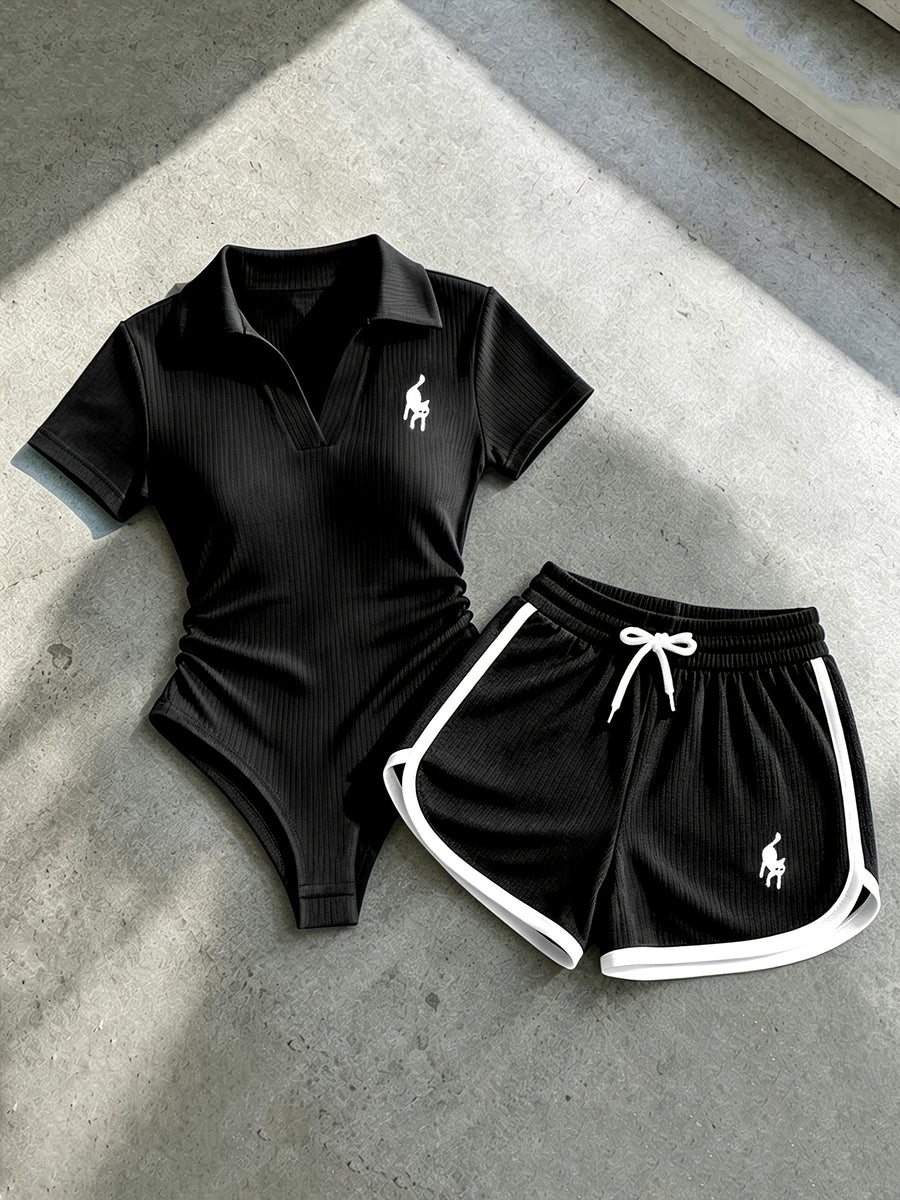 Casual and Elegant Women's Clothing, New Summer Outfit, Solid Color V-neck Short-sleeve Bodysuit & Drawstring Fitted Shorts with Embroidery and Contrasting Color Trim, 2pcs Women's Pants Set, Suitable for Home, Leisure, Outings, Afternoon Tea - Black
