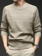 Men's Quiet Luxury Mustard Crew Neck Sweater, Textured Herringbone Knit Pullover, Old Money Aesthetic Fall Winter Top - Khaki