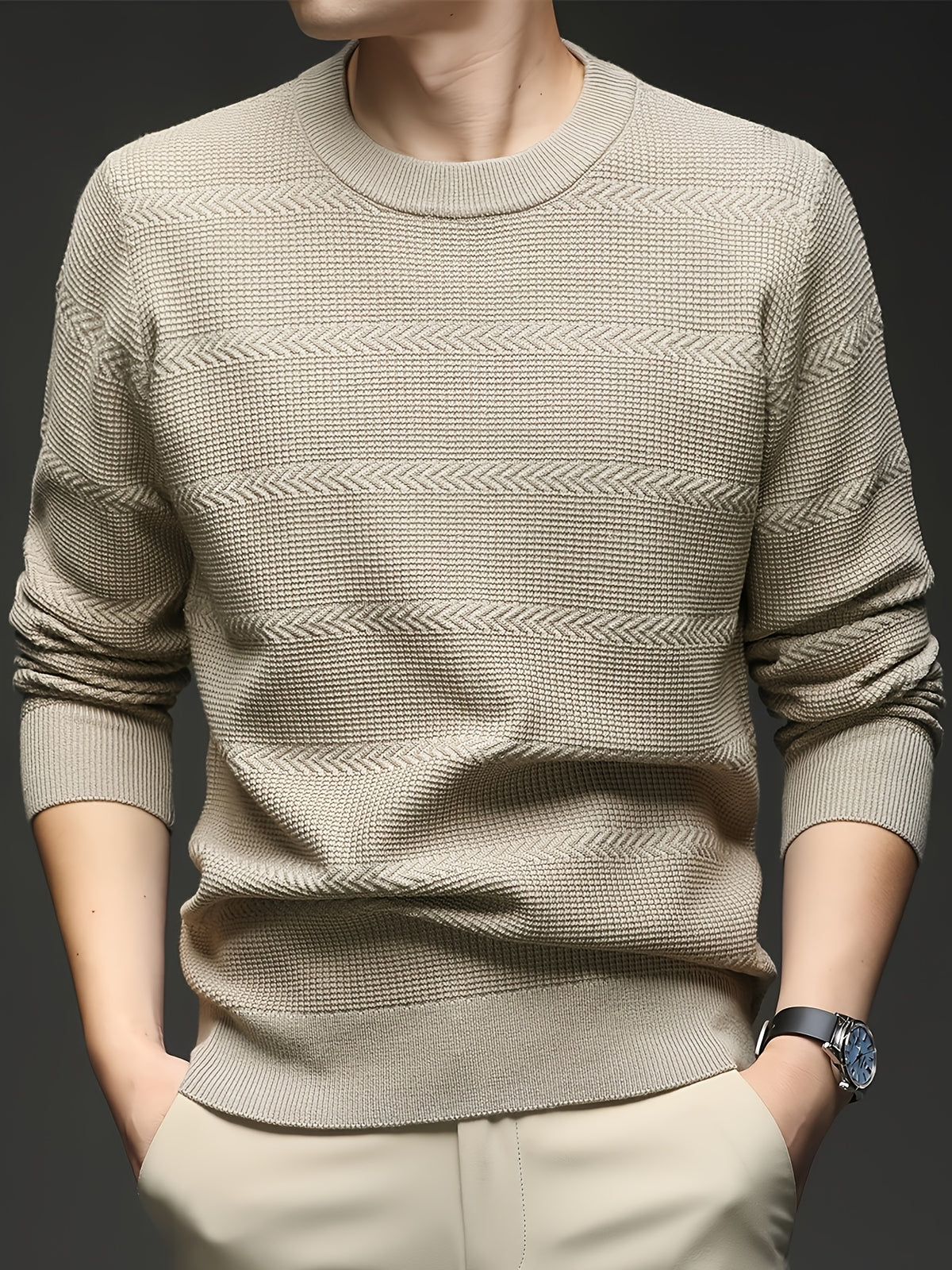 Men's Quiet Luxury Mustard Crew Neck Sweater, Textured Herringbone Knit Pullover, Old Money Aesthetic Fall Winter Top - Khaki