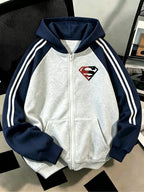 Men'S Shoulder Sleeve Color-Block Hooded Zipper Cardigan Sweatshirt, Superman Precursor Smallville Print, Autumn/Winter Loose Contrast Striped Sporty Hoodie, Trendy Fashion Casual All-Match Sporty Zipper Pocket Hooded Men'S Sweatshirt - Gray And Navy Blue