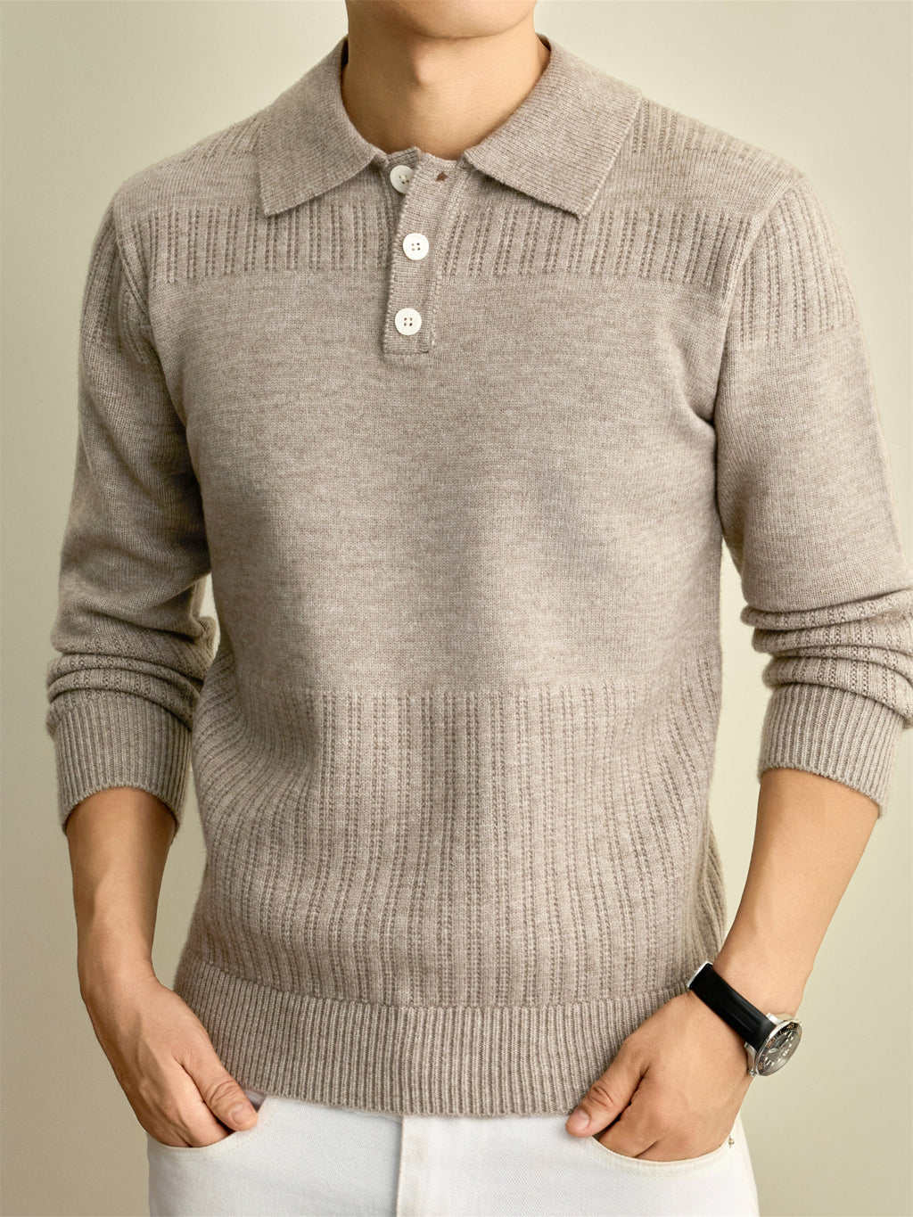 Autumn Winter Knit 3D Solid Color Lapel Polo Sweater, Basic Knit Pullover Top for Men, Fashionable Long Sleeve Sweater, Size S - Green Rice