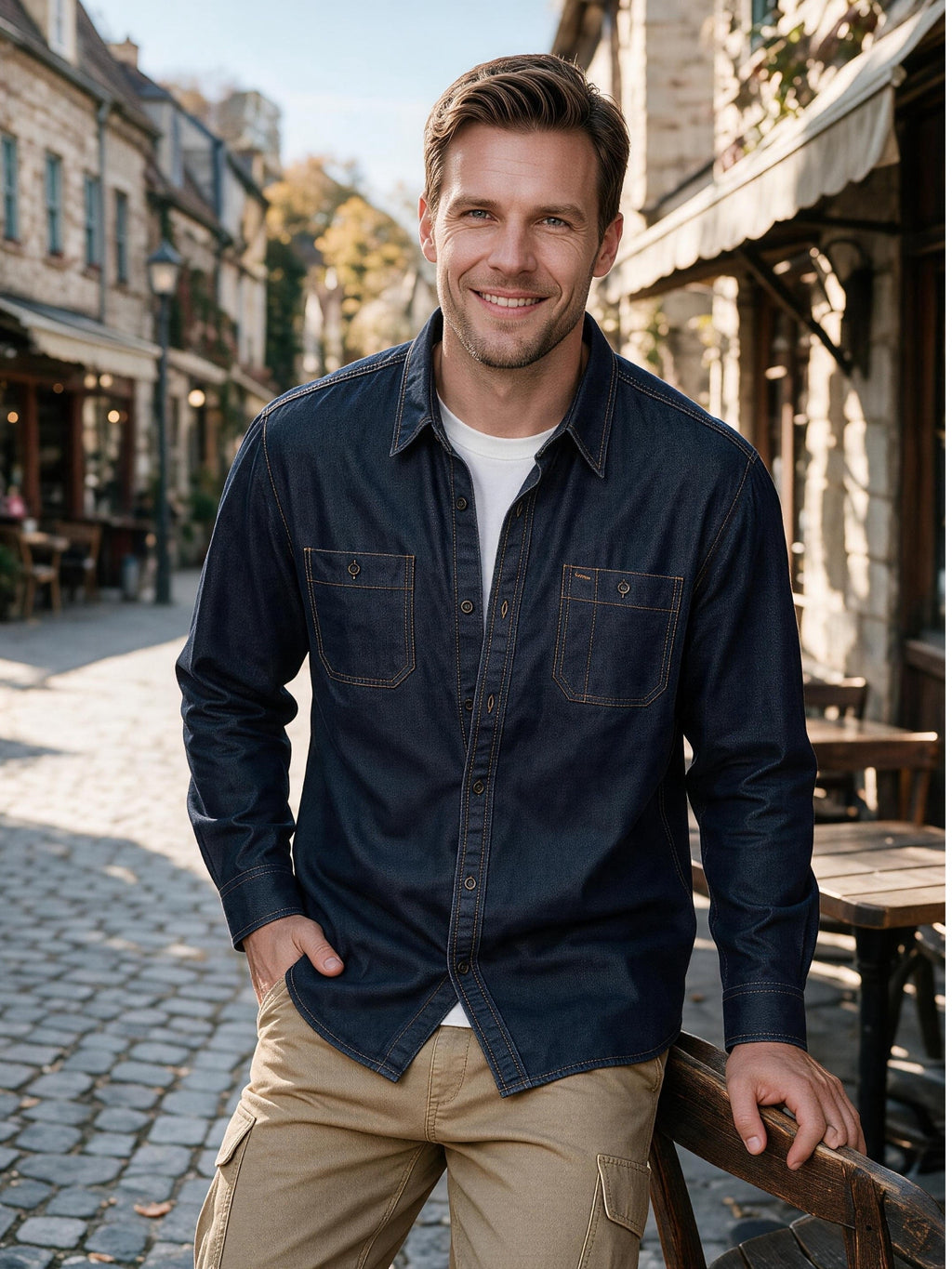 Men's Dark Wash Denim Workshirt Long Sleeve Button Shirt, Comfort Breathable Soft Denim Fabric with Dual Button Chest Pockets Fashion Workwear Brand Top for Daily Commute & Street - Navy Color