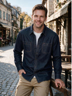 Men's Dark Wash Denim Workshirt Long Sleeve Button Shirt, Comfort Breathable Soft Denim Fabric with Dual Button Chest Pockets Fashion Workwear Brand Top for Daily Commute & Street - Navy Color