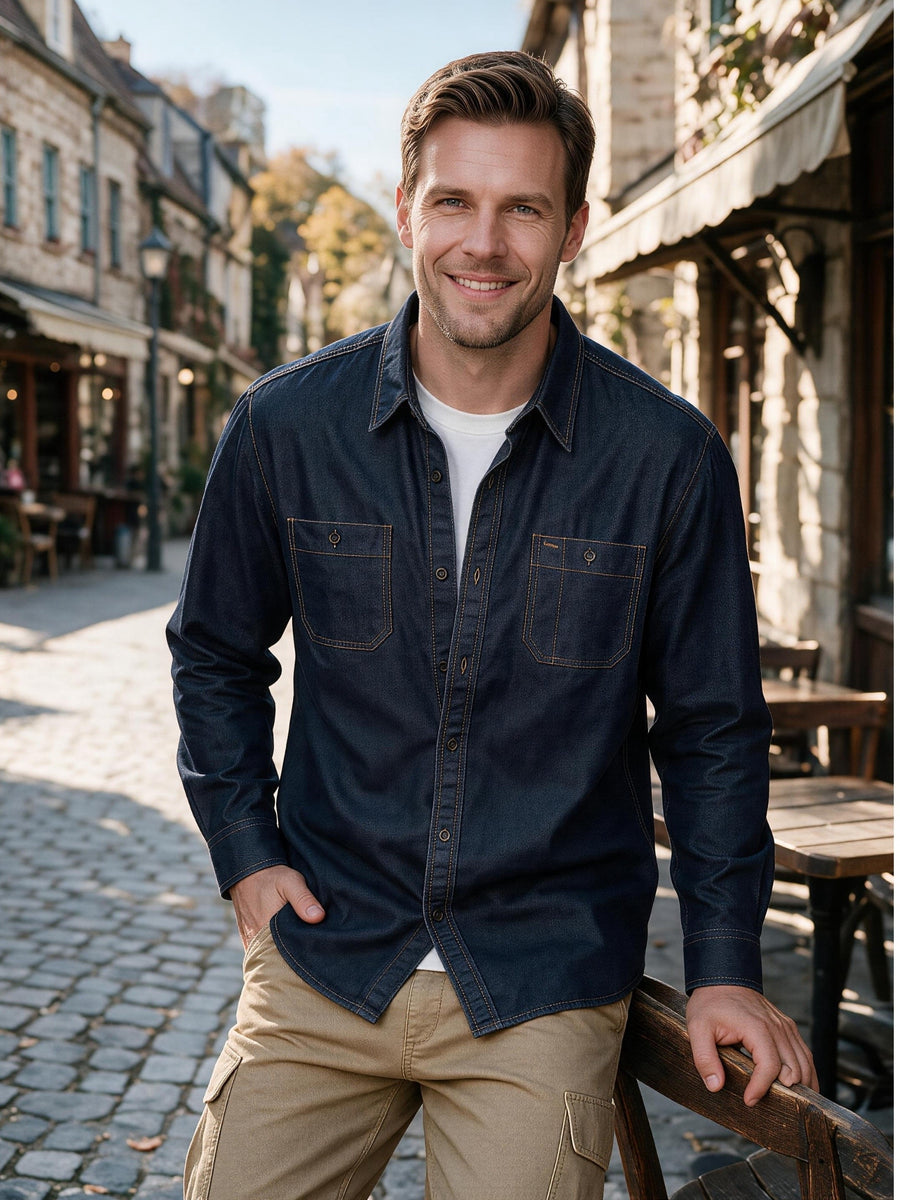 Men's Dark Wash Denim Workshirt Long Sleeve Button Shirt, Comfort Breathable Soft Denim Fabric with Dual Button Chest Pockets Fashion Workwear Brand Top for Daily Commute & Street - Navy Color