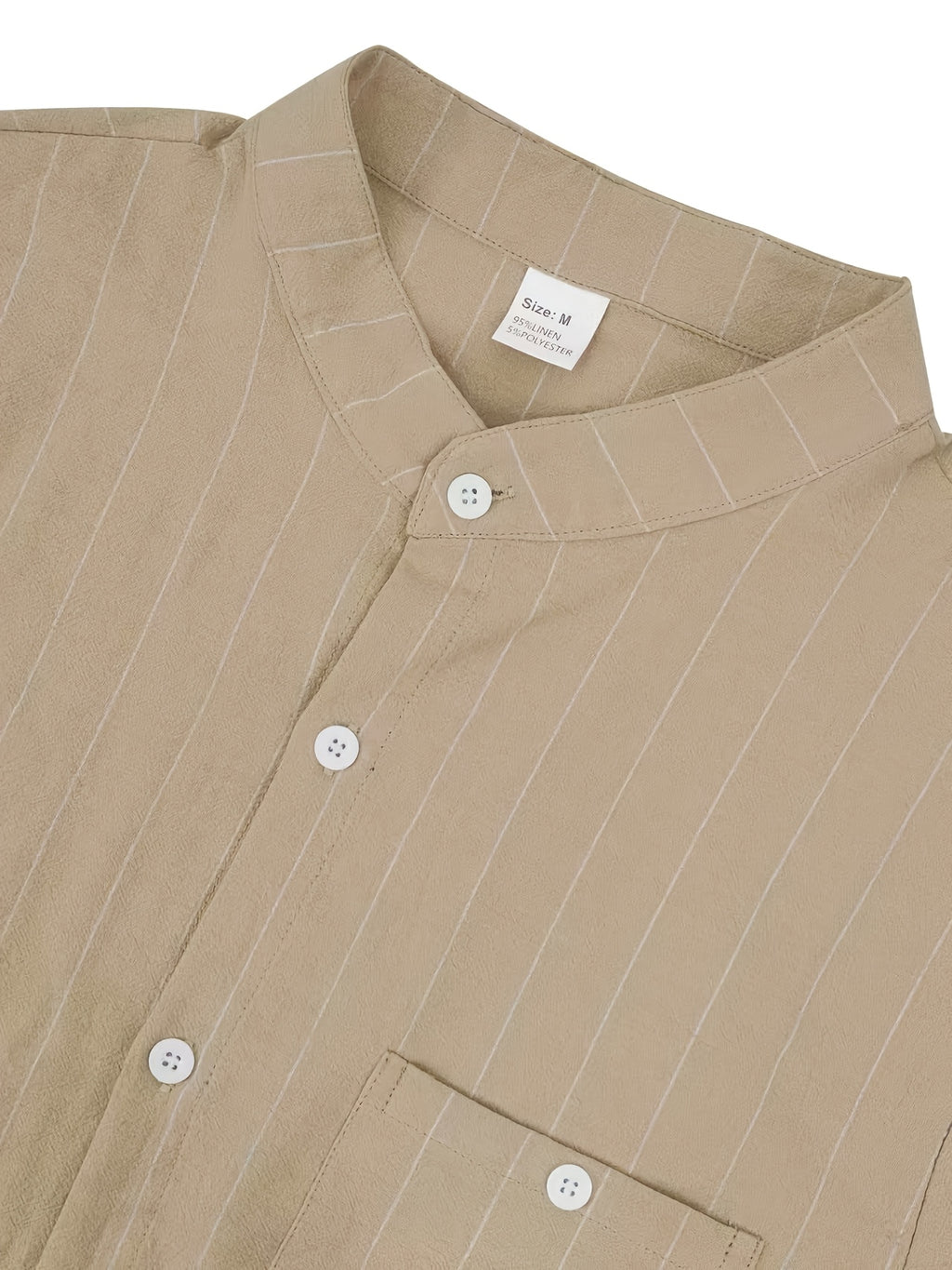 2pcs Set Stand Collar Striped Shirt; Spring/Autumn Loose Fit Casual Business Simple Versatile Top; Daily Commute Breathable 2pcs Men's Outfit - Khaki + White