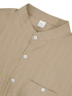 2pcs Set Stand Collar Striped Shirt; Spring/Autumn Loose Fit Casual Business Simple Versatile Top; Daily Commute Breathable 2pcs Men's Outfit - Khaki + White