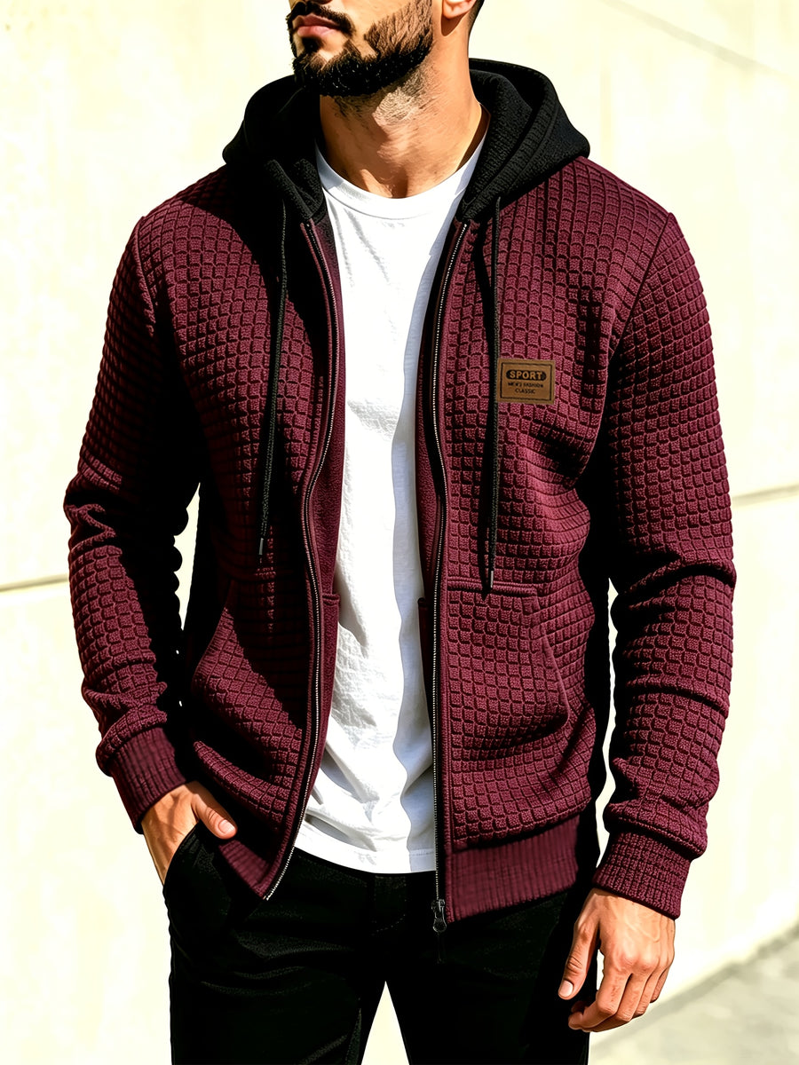 Men'S Hooded Knit Cardigan, Small Checkered Jacquard Zipper Hoodie, Knit Hooded Sweater, Comfortable And Warm, Essential for Autumn And Winter Outdoors, Suitable for Outings And Daily Home Wear - Deep Red