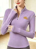 Stand-up Collar Half-zip Long-sleeve T-shirt, Autumn/winter Warm Half-high Neck Base Layer Top - Taro Purple