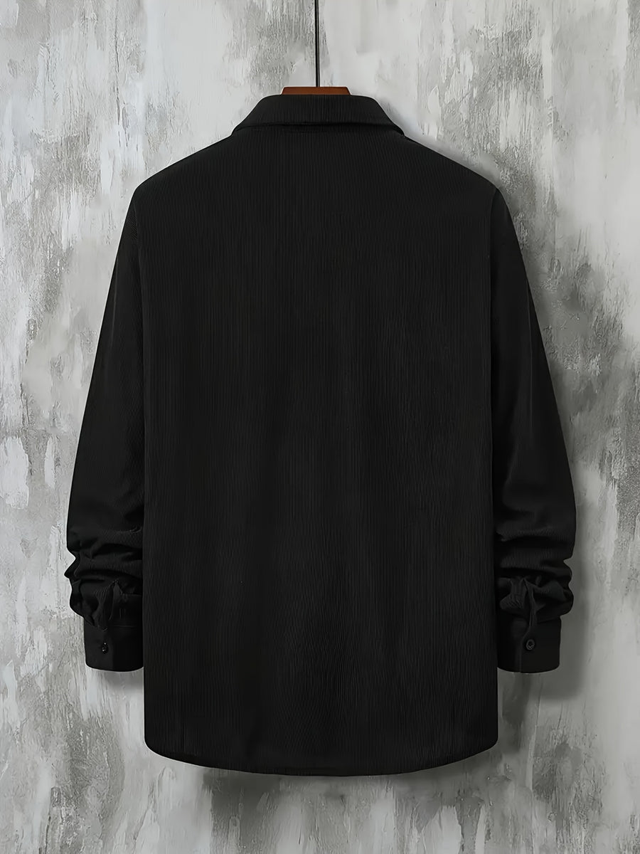 Men's Solid Color Long-Sleeve Shirt, Loose Fit Casual Workwear Jacket, Trendy and Versatile Top, Simple Basic Outerwear, Suitable for Daily Work Scenes - Black