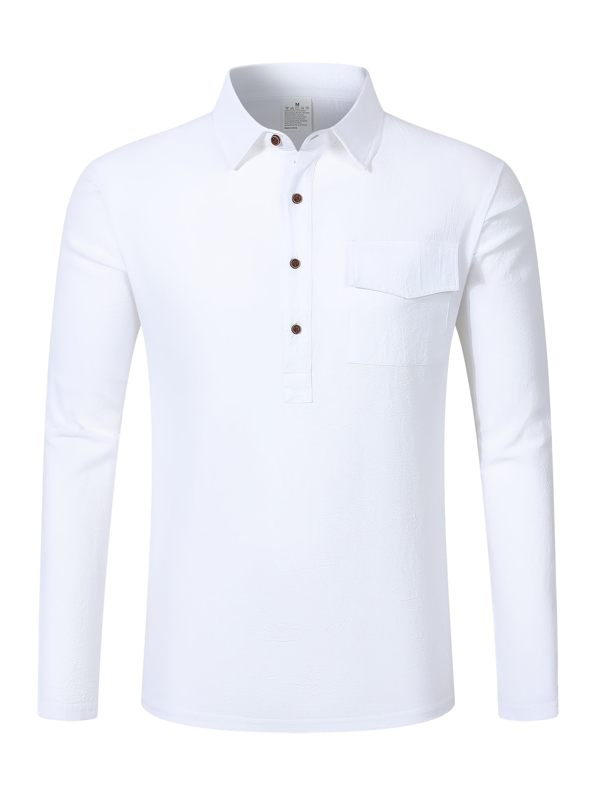 Autumn Men's Polo Shirt, Half-Button Henry Collar Long Sleeve Top with Simple Chest Pocket, Suitable for Business, Office, and Daily Wear - White