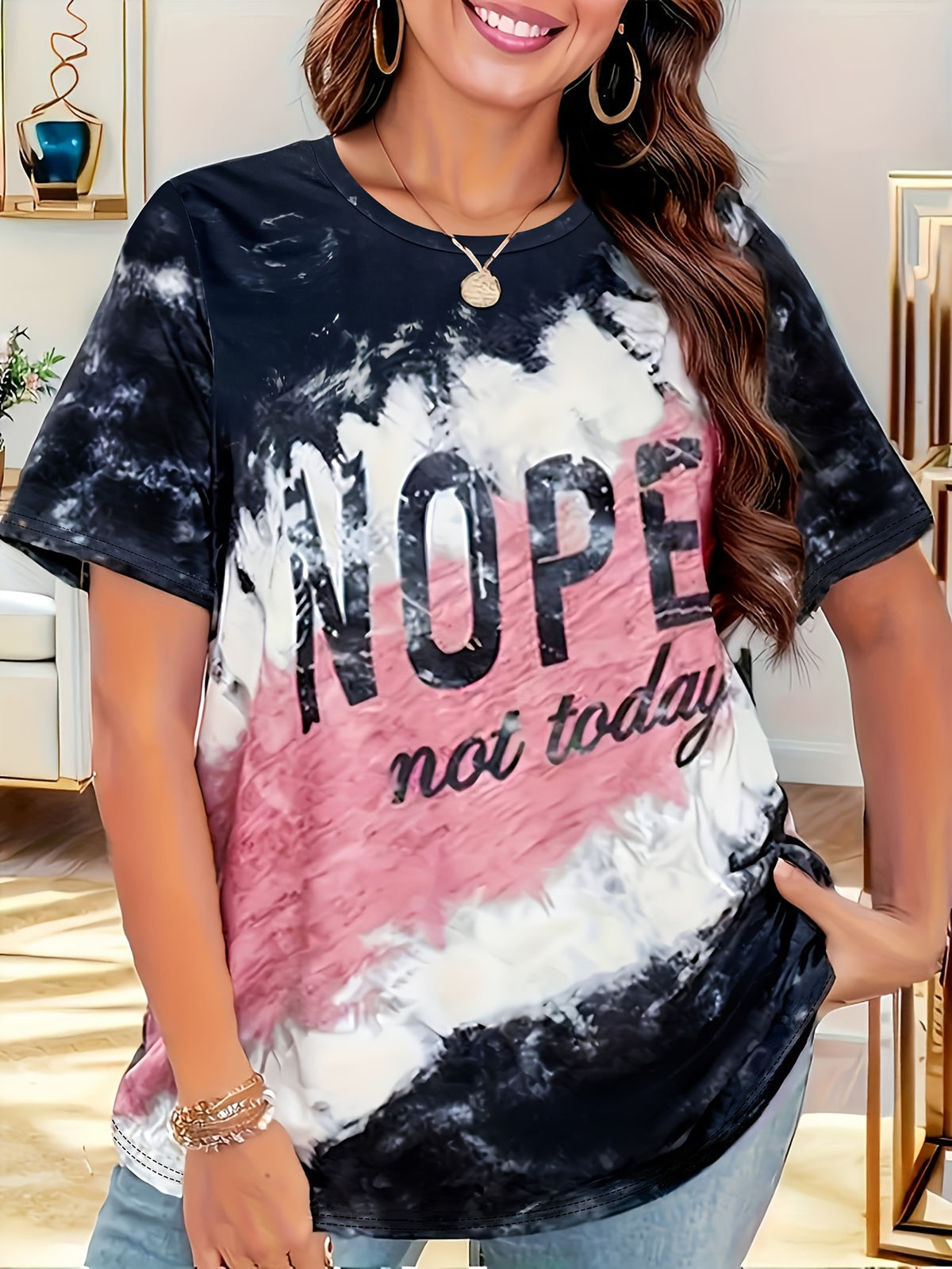 Not Today, Sumi-E Style Nope Graphic T-Shirt, Spring Summer Casual Short Sleeve Crew Neck Top, Women'S Clothing - Multicolor